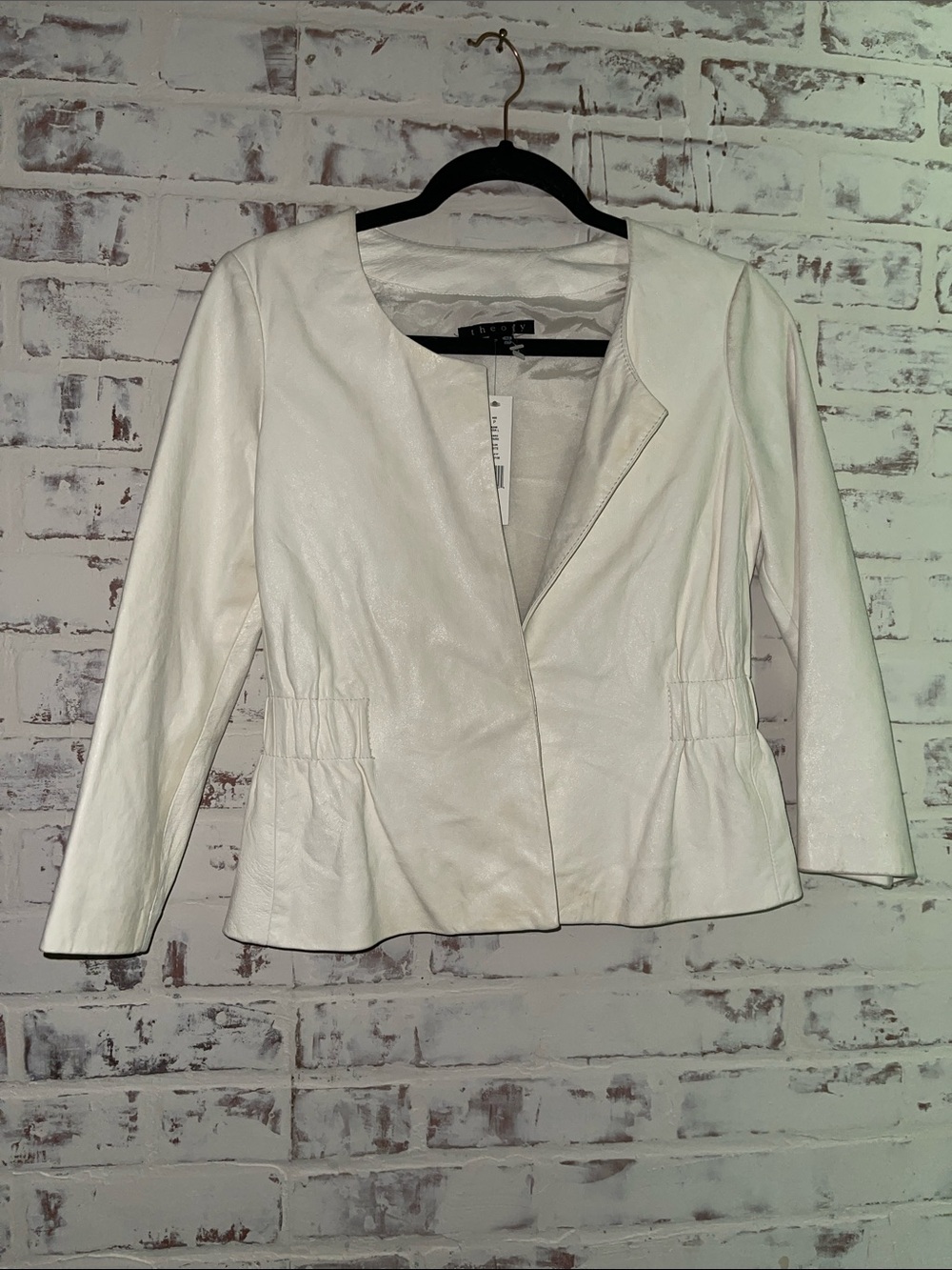 Theory Lidia L Spark Bone White Leather Crop Jacket Size P